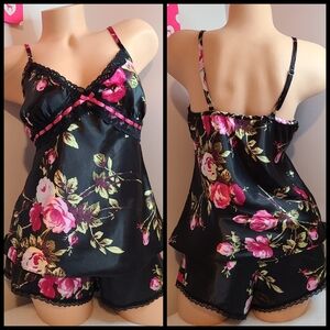 VTG George Romantic Floral Satin Pajama Set Size Small Black Rose